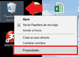 Opción de Propiedades de la papelera de reciclaje en Windows 10