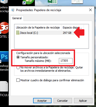 Configuración del tamaño máximo de la papelera de reciclaje en Windows 10