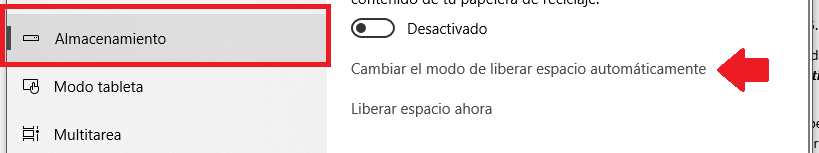 Opción cambiar el modo de liberar espacio automáticamente