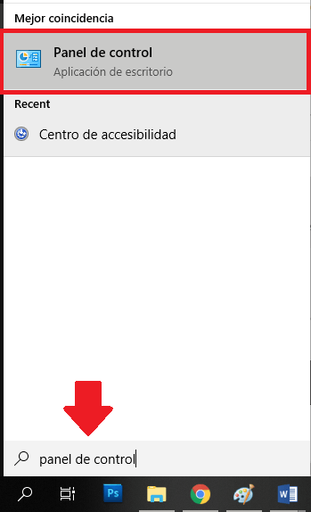 abrir el panel de control desde el buscador de Windows 10