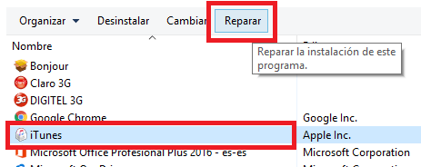 Botón de reparar una aplicación en Windows 10