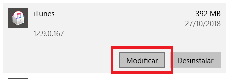 botón de modificar un programa en Windows 10
