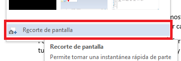 Opción recorte de pantalla en Word