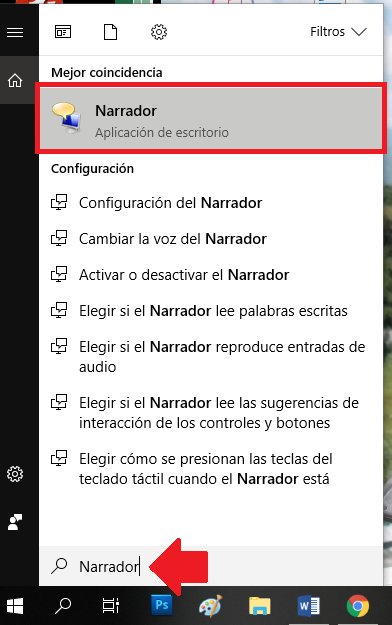 Iniciar narrador desde el buscador de Windows 10