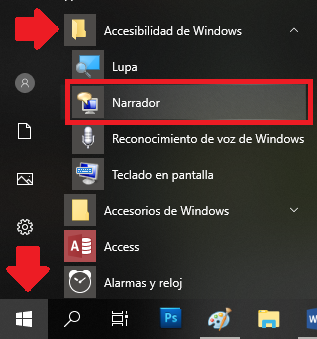 Iniciar narrador desde el panel de inicio de Windows 10