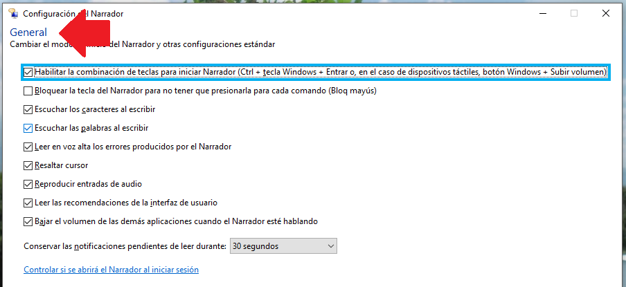 Opción General en la configuración del narrador