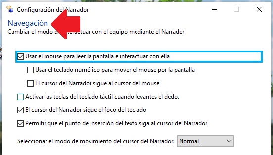 Opción de Navegación del narrador en Windows 10