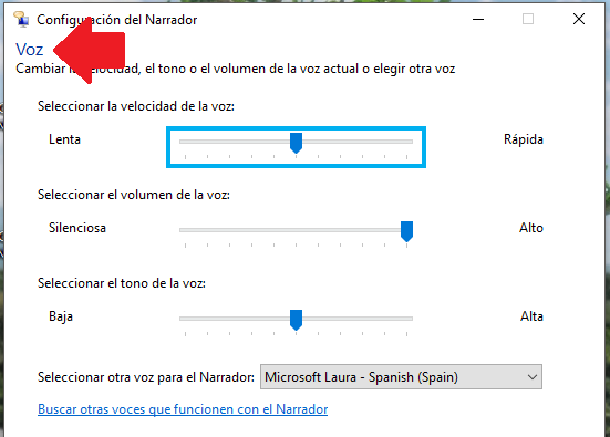 Opción de voz del narrador en Windows 10