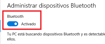 opción de encender el Bluetooth en Windows 10