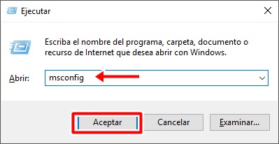 Escribe msconfig en el cuadro de dialogo para abrir la configuración