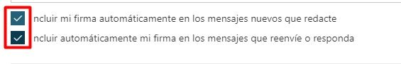 Marca las opciones donde quieres que aparezca tu firma en Outlook.com