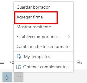 Selecciona agregar firma para poner tu firma al mensaje nuevo de Outlook.com