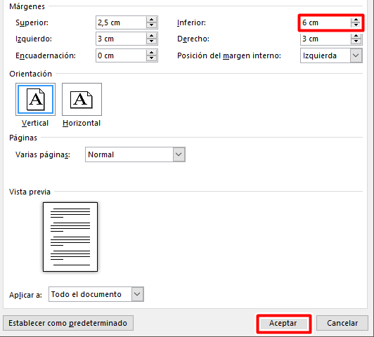 Pon el margen inferior en 6 cm y haz clic en aceptar en Word