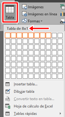 Crea una tabla de 8x1 en Word