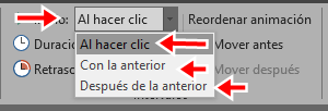 selecciona cuando iniciará la animación en Power Point