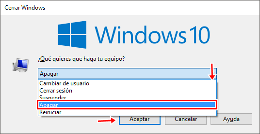 Selecciona apagar y haz clic en aceptar