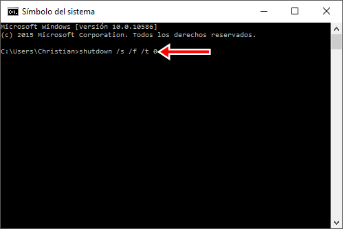 Escribe el comando shutdown /s /f /t 0 y presiona enter para apagar la pc