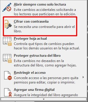 Selecciona cifrar con contraseña en Excel