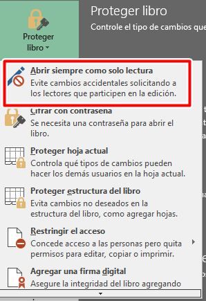 Selecciona abrir siempre como solo lectura en Excel