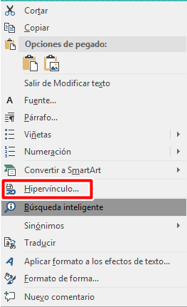 Selecciona Hipervínculo en el menú contextual de PowerPoint