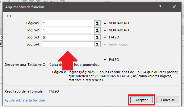 Botón aceptar para agregar función en Excel
