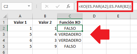 Función XO con valores numéricos en Excel